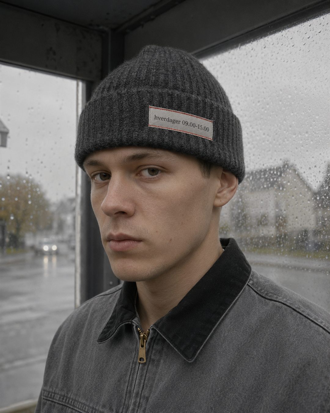 Modell i mørkegrå ullbeanie i busskur i regn